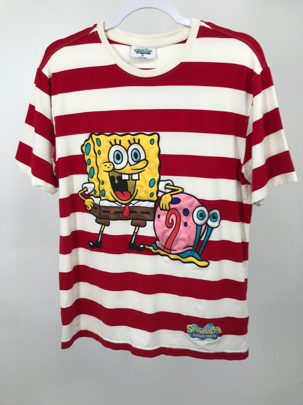 SpongeBob Squarepants Red White Striped Embroidered T-Shirt Size M Nickelodeon
